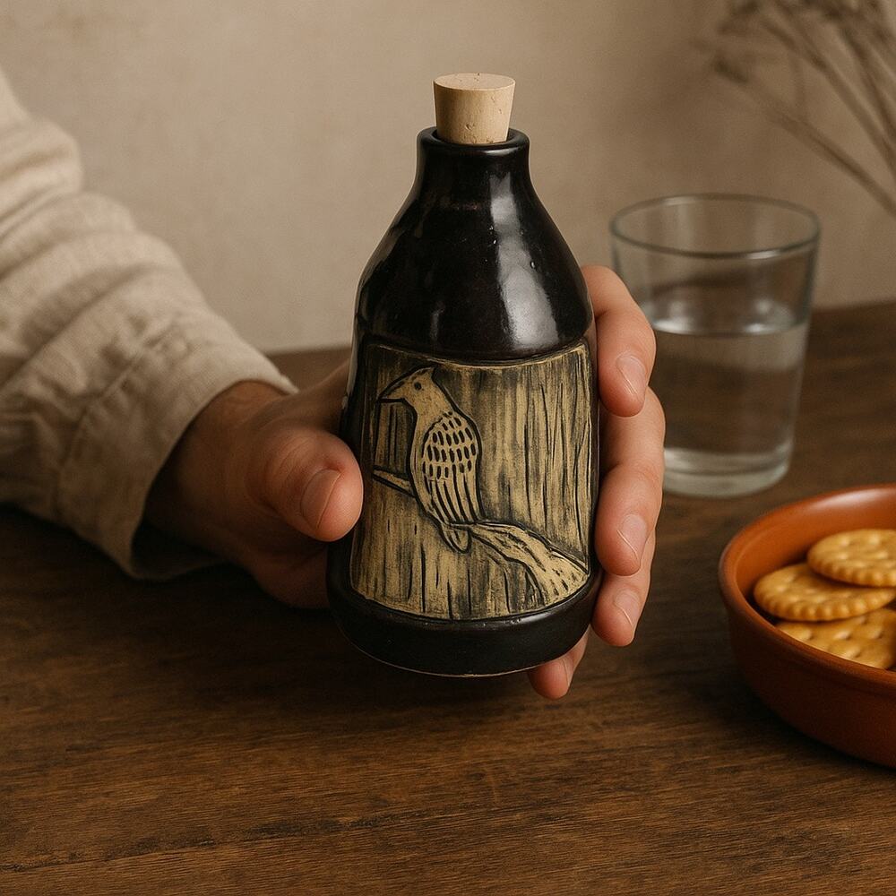studio artist pottery milk jug etched raven bird corked Signed
